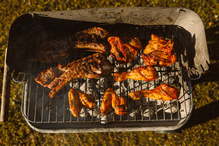 A mouthwatering barbecue spread featuring juicy chicken wings, flavorful drumsticks, and tender ribs...