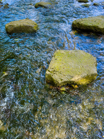 A meandering stream flows through a tranquil landscape, revealing colorful stones beneath its clear...