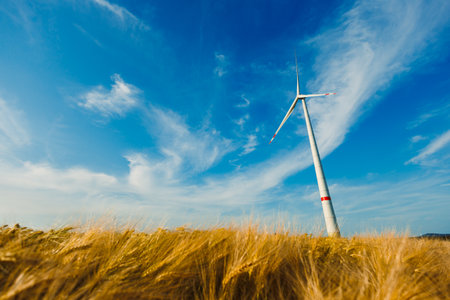 A tranquil scene showcases a tall wind turbine over golden wheat fields beneath a bright blue sky with soft clouds, creating a captivating and beautiful landscapeの写真素材