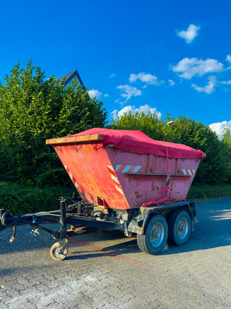 A vibrant red agricultural trailer parked on a gravel surface under a clear blue sky, surrounded by lush green trees, ideal for farming or landscaping projects.の写真素材