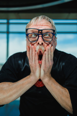 A man with oversized glasses is dramatically holding his face in shock, illustrating a humorous and exaggerated expression that is ideal for comedic or surprisedthemed projectsの写真素材