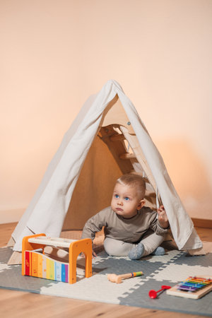 A cheerful baby sits comfortably in a colorful play tent, surrounded by vibrant musical toys, fully...