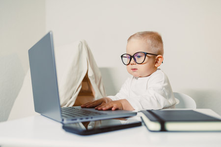 A cute baby with oversized glasses gazes at a glowing laptop, showing childhoods innocence and...