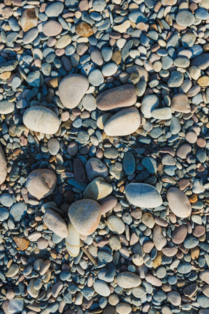 Small, smooth pebbles of various sizes are spread across a riverbank, catching sunlight and creating...