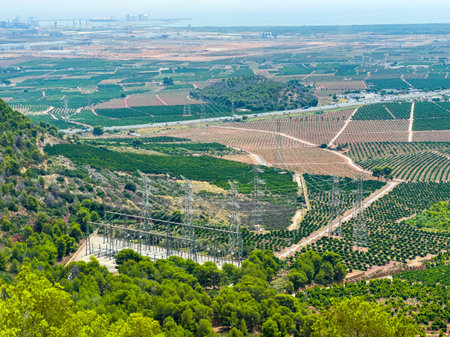 Expansive green fields of vineyards and orchards stretch across the valley, with power lines visible...