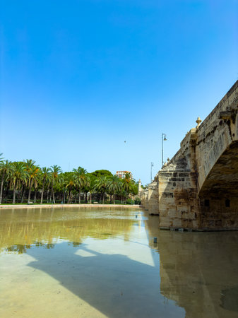 Sunlight bathes the ancient stone bridge, casting reflections in the still waters. Lush palm trees...