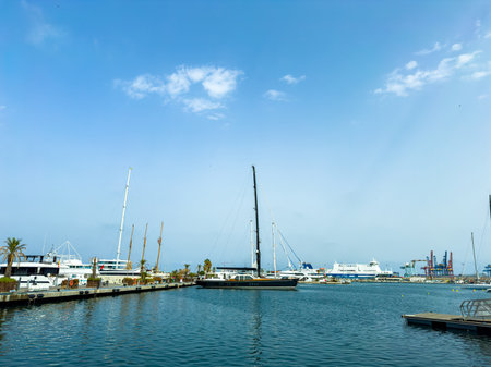 Bright blue waters reflect various boats in the marina. Palm trees dot the shore, and fluffy clouds drift through the sunny sky, creating a peaceful seaside atmosphere.の写真素材