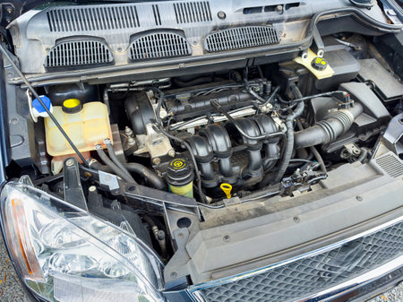 Mechanics focus on the complex components of a car's engine during a maintenance session. Bright...