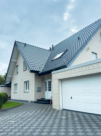 A modern house features a stylish gray roof and a patterned driveway, surrounded by greenery in a quiet suburban neighborhood under a cloudy sky.の写真素材