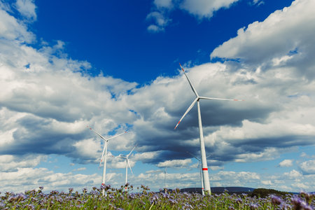 Wind turbines rotate gracefully in a field, surrounded by blooming flowers under a bright sky dotted...