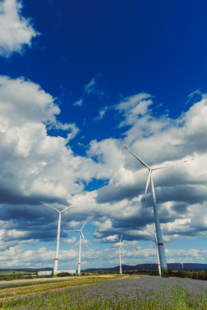 Tall wind turbines spin gently in a green field under a bright blue sky with white clouds, capturing clean energy in a peaceful rural setting.の写真素材