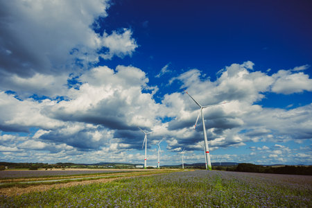 Tall wind turbines spin gently in an open field, with vibrant purple flowers in the foreground and a...