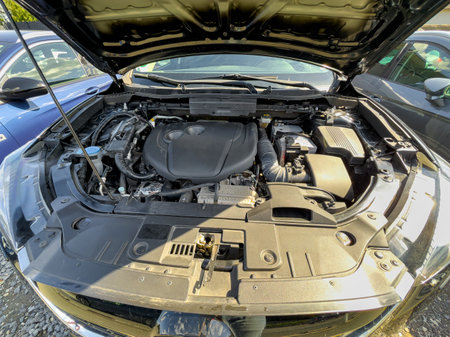 Under the hood of a stylish car, the engine gleams in the bright sunlight, revealing intricate...