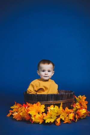 A young child playfully sits in a wooden basket adorned with colorful autumn leaves, creating a joyful scene that captures the spirit of fall against a striking blue background.の写真素材
