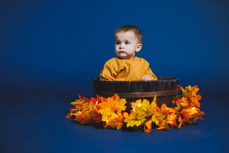 A young child sits inside a wooden basket adorned with colorful autumn leaves against a striking...