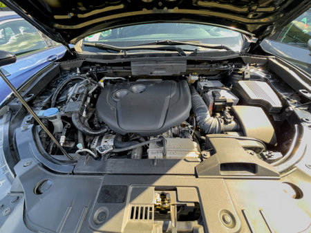 Under the hood, the dynamic engine showcases advanced technology and craftsmanship. Sunlight...