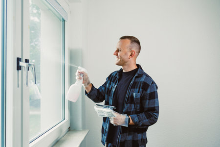 A cheerful man wearing gloves smiles as he sprays cleaning solution on a large window. The room is...