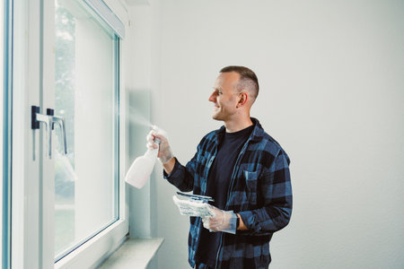 A cheerful man stands in a bright room, spraying cleaner on a window. He is dressed casually in a plaid shirt and gloves, radiating joy as he wipes away dirt.の写真素材