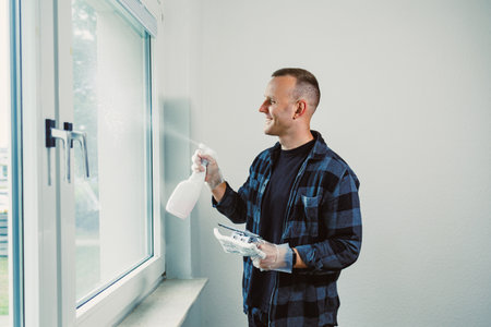 With a smile on his face, a man sprays cleaner on the window glass, bright sunlight pouring into the...