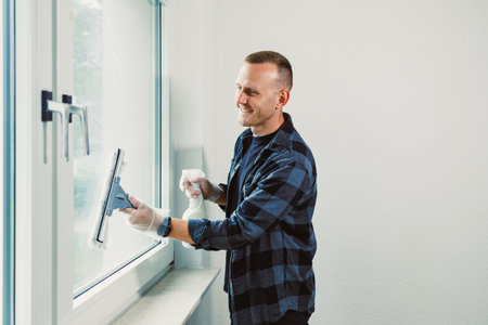 A cheerful young man is cleaning a large window in a modern room filled with natural light. He uses...