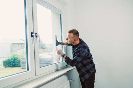 A man diligently cleans a window in a contemporary room, sunlight pouring in. The scene highlights...