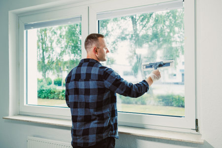 A man in a checkered shirt is cleaning a window with a squeegee. He enjoys the clear view of lush trees outside while letting in fresh, bright light into the room.の写真素材