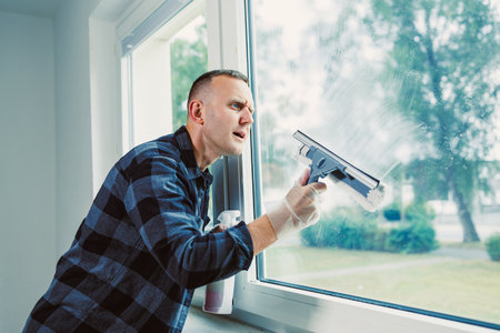 A man in a checkered shirt is intensely cleaning a window with a squeegee. He is wearing gloves and is determined to remove all streaks, creating a clear view outside.の写真素材