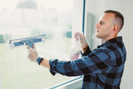 A man wearing gloves carefully uses a squeegee to clean a window in a cozy, well-lit room. Sunlight...