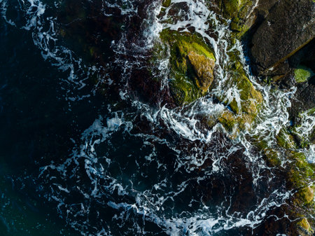 Waves crash against moss-covered rocks, creating foamy patterns on a deep blue sea. Sunlight glitters on the water surface, enhancing the lively coastal scene.の写真素材