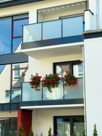 Bright red flower pots hang from glass balconies of a modern building, offering a lively contrast to clean lines and clear skies, creating a welcoming atmosphere in the neighborhood.の写真素材
