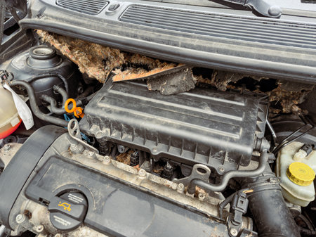 During a routine vehicle inspection, an unexpected find appears under the hood.
