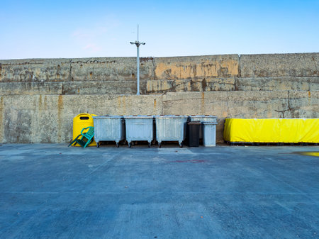 Metal and plastic containers are lined against a textured wall, hinting at the organized chaos of an industrial site during quiet morning hours by the waterfront.の写真素材