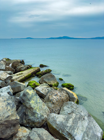 Smooth stones and moss-covered rocks line the quiet shoreline, where gentle waves meet the land. A distant island silhouette adds to the peaceful coastal scene.の写真素材