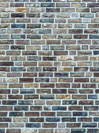 A beautifully arranged brick wall displays various shades of brown and gray, creating a unique...