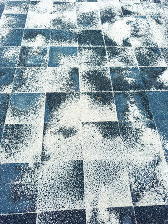 White particles cover a blue tiled floor in a public space. The tiles show various shades of blue. Light falls on the surface creating a bright scene.の写真素材