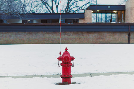 A red fire hydrant is placed on the sidewalk covered with snow. The building behind is made of bricks and shows a few windows. The time is in the early evening.の写真素材