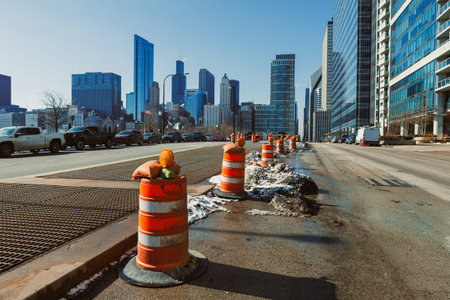 Traffic cones are set along the street in Chicago. Tall buildings rise in the background. Snow remains on the ground. It is a sunny day with a clear sky. Cars are parked nearby.の写真素材