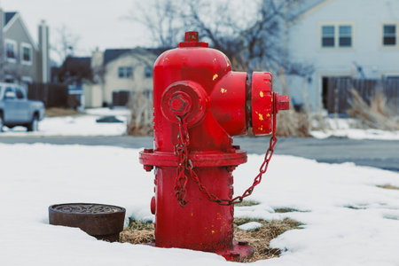 A red fire hydrant sits on a patch of snow with grass peeking through. Nearby houses are visible,...