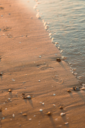 Footprints can be seen in the wet sand along the beach as waves approach the shore. The sun is...
