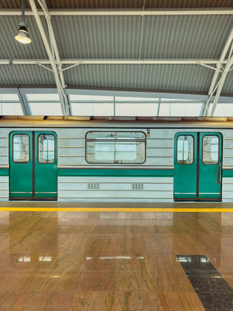 A metro train stands at the station platform, waiting for passengers to board. The space is bright...