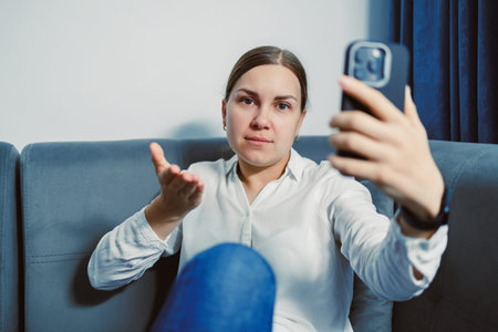 A woman is sitting on a couch in a living room, holding a mobile phone and talking. She shows a hand...