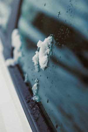 Snow covers a car window as water drops slide down the glass. The scene shows winter weather and cold conditions in the environment.の写真素材