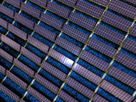 Solar panels are arranged in neat rows in a large field. Sunlight reflects off the panels. This...