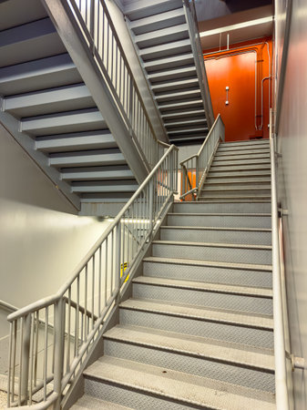 A staircase with gray metal railings leads up to an orange door in a building. The steps are made of...