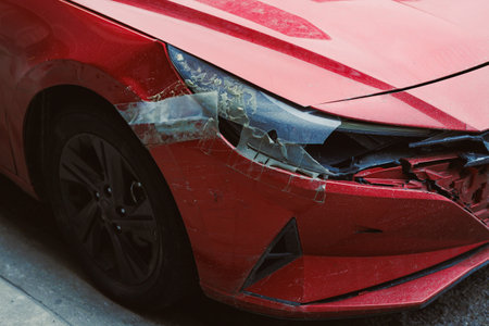 A red car has visible damage on the front section, showing cracked parts and scratches. The vehicle...