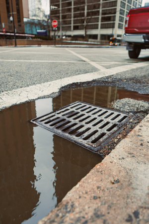 Rainwater fills a puddle on the street near a storm drain with tall buildings seen in the background...