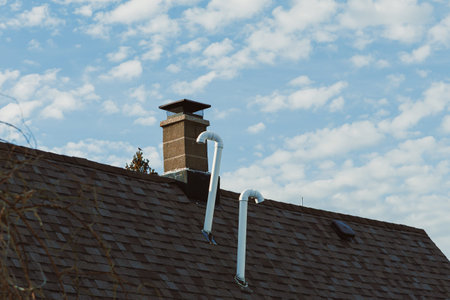 A roof shows a chimney with two pipes extending from it. The sky is filled with white clouds during...