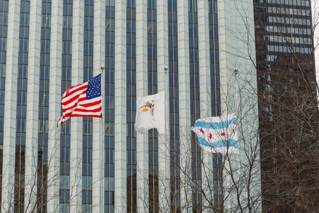 Flags representing the United States, Illinois, and Chicago fly on tall poles outside buildings in...