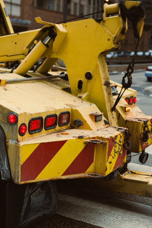 A yellow tow truck is parked on a busy city street. It shows tools, equipment, and traffic in the...