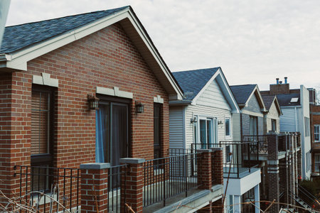 Houses line the street, showing a mix of brick and siding. The sky is cloudy, and the scene captures...